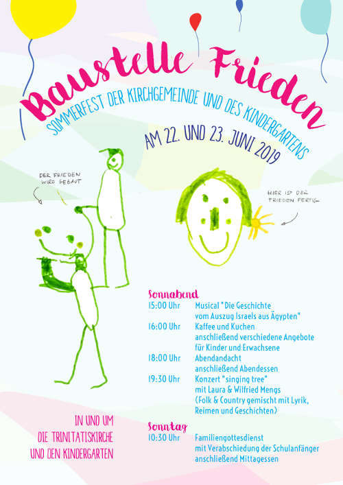 Baustelle Frieden: Plakat zum Sommerfest der Gemeinde am 22. und 23. Juni 2019 Baustelle Frieden: Plakat zum Sommerfest der Gemeinde am 22. und 23. Juni 2019