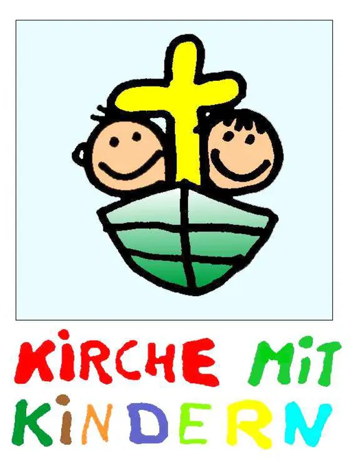 Zwei Kindergesichtersmileys und ein gelbes Kreuz auf einem grünen Schiff mit blauem Hintergrund, bunte Bildunterschrift Kirche mit Kindern